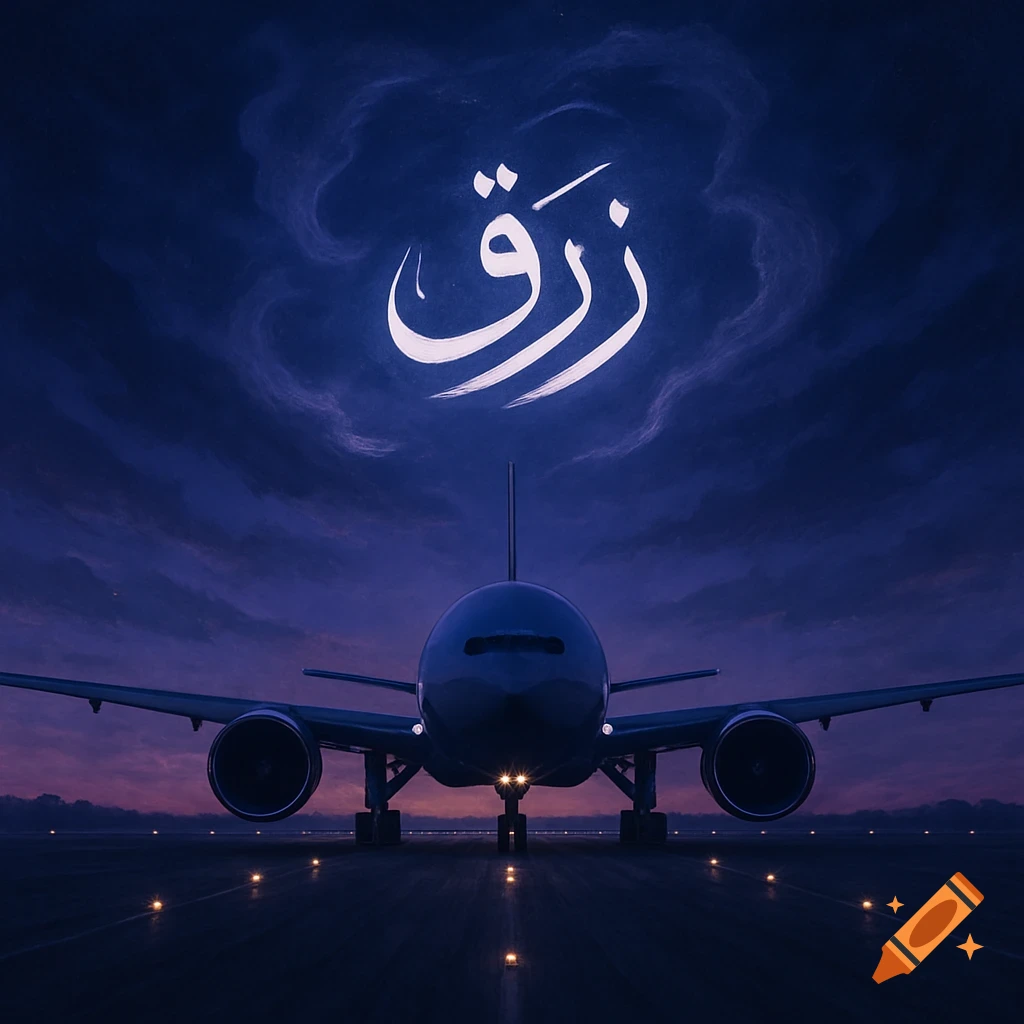 A Boeing 777 on a runway at twilight with "رزق" (Rizq) written in white Arabic calligraphy in the dark blue sky.