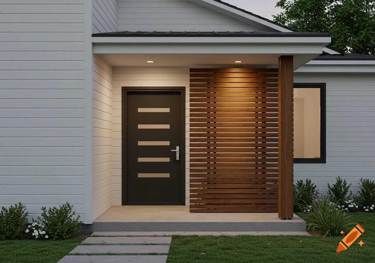 Modern white house exterior with a black door, teak slatted accent wall, and a porch column.