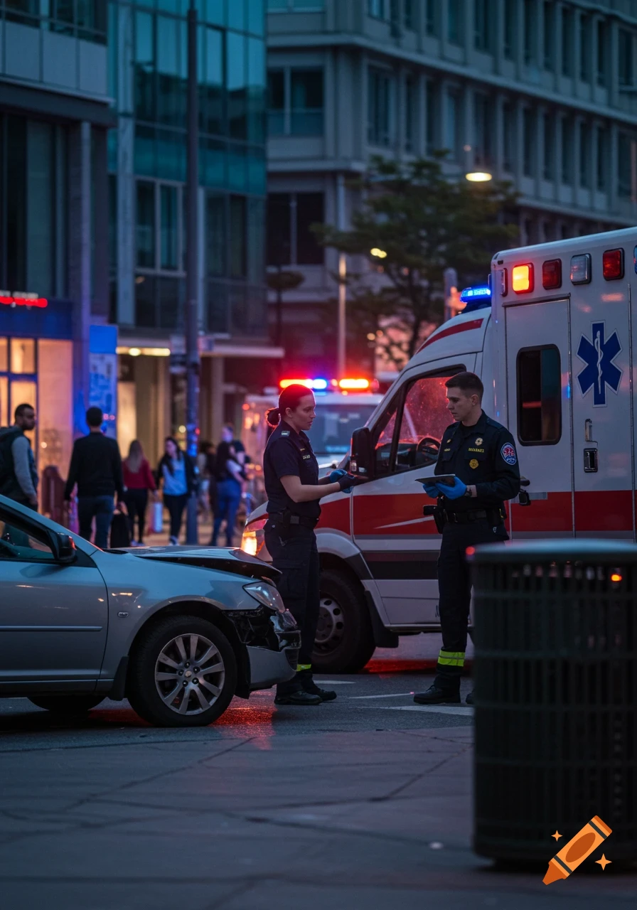 First responders, including a police officer and an EMT, assess a minor car accident with a damaged silver car in a city street at dusk, an ambulance with flashing lights behind them.