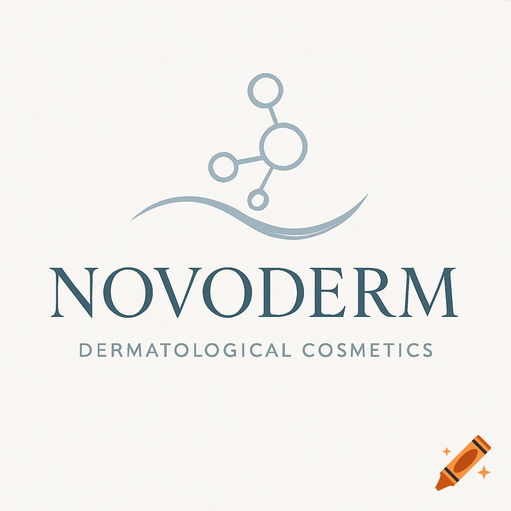 Logo for Novoderm, a dermatological cosmetics brand, featuring a molecular structure and wave icon above the brand name.