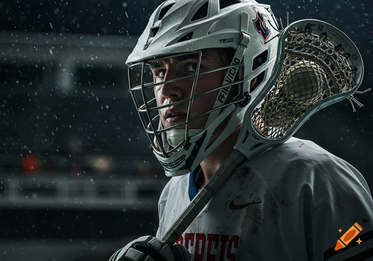 Close-up photorealistic portrait of a male lacrosse player in a white helmet and jersey, holding a stick with a ball, in the rain.