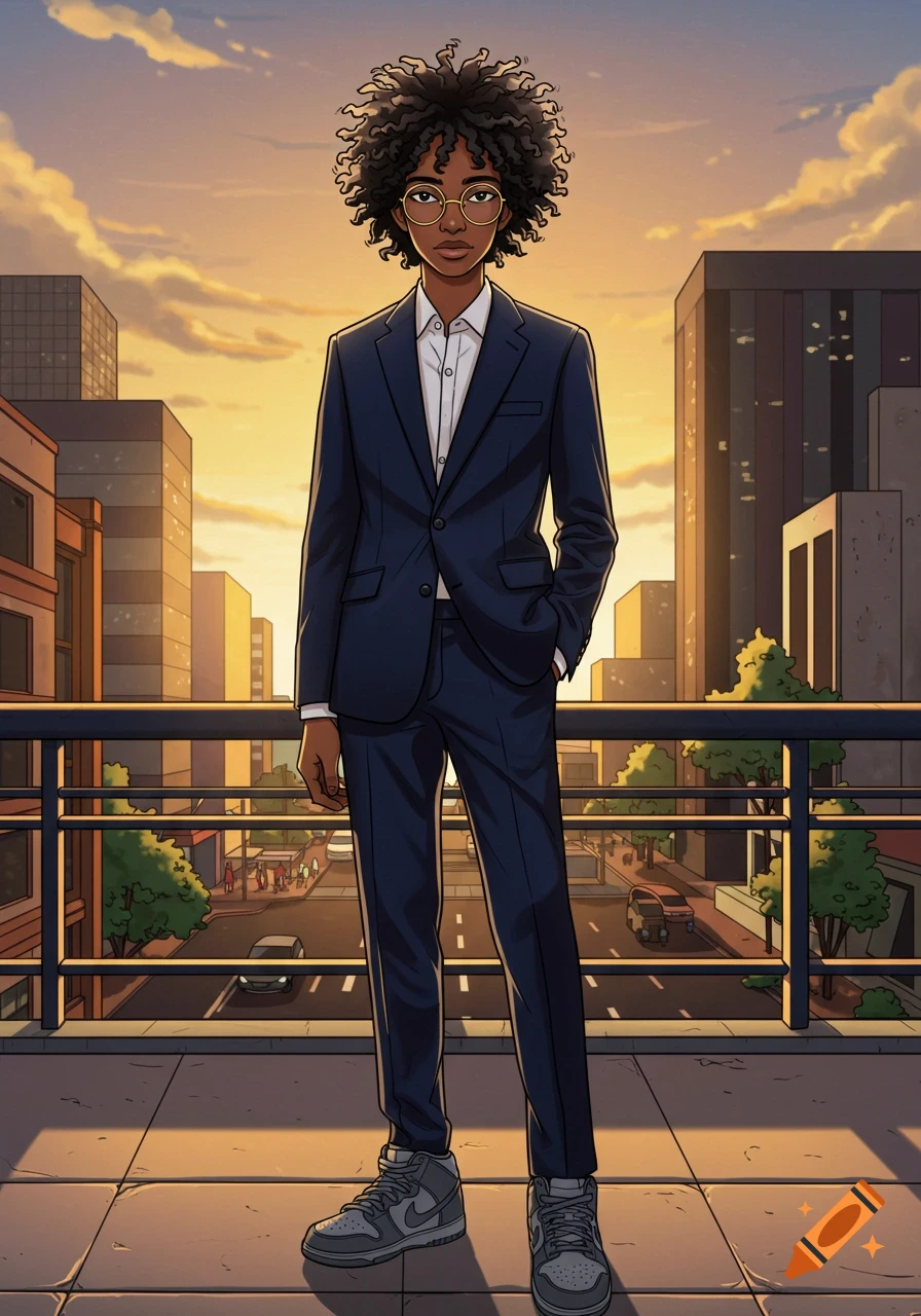 Anime-style portrait of a black teen with curly hair and glasses, wearing a suit and sneakers, standing on a city balcony at sunset.