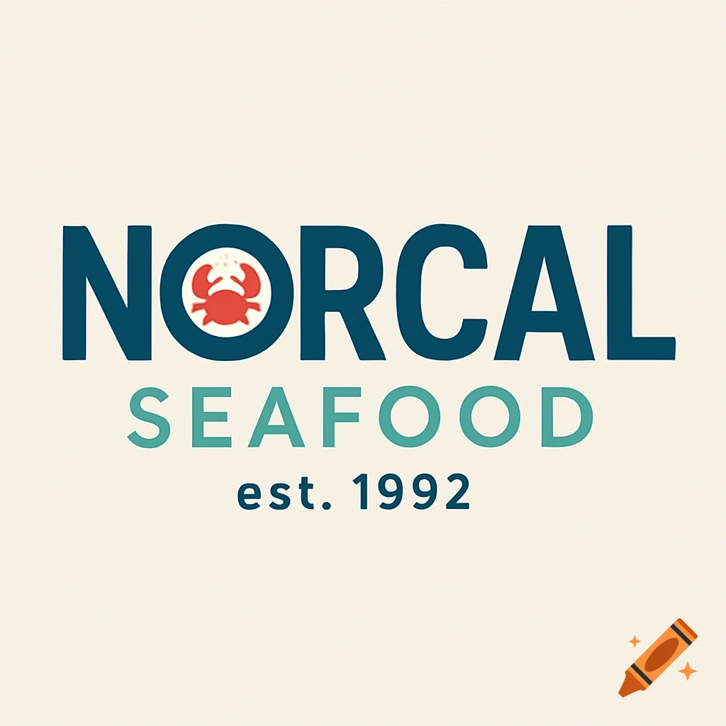 Norcal Seafood est. 1992 logo with a red crab in the 'O' of 'Norcal' on a cream background.