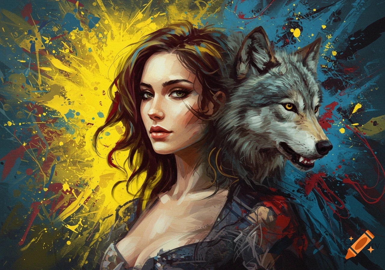 Abstract painterly portrait of a woman with long hair and a grey wolf's head merging, against a yellow and blue splatter background.