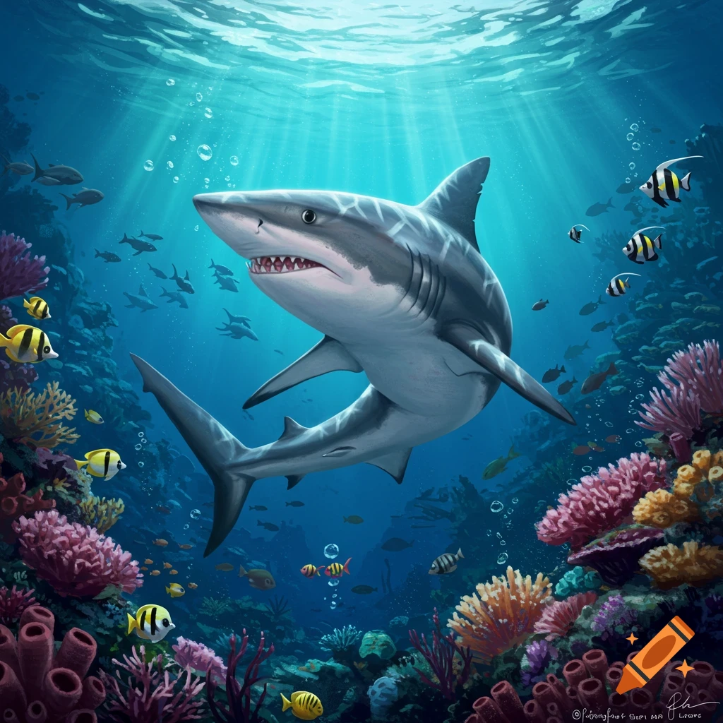 A large shark swims through a vibrant coral reef teeming with colorful fish, illuminated by sunrays from above.