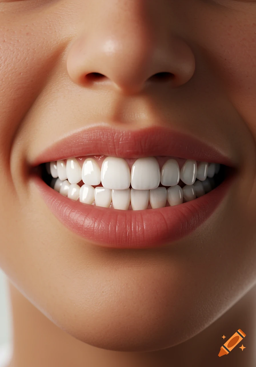 A close-up, photorealistic shot of a person smiling, revealing perfect white, laminated teeth and healthy pink lips.