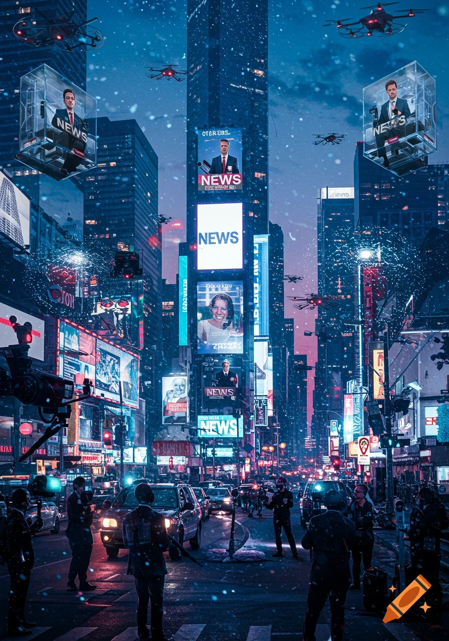 A bustling futuristic city street at night, with skyscrapers covered in glowing news screens and drones flying overhead as people and cars navigate the snowy street.
