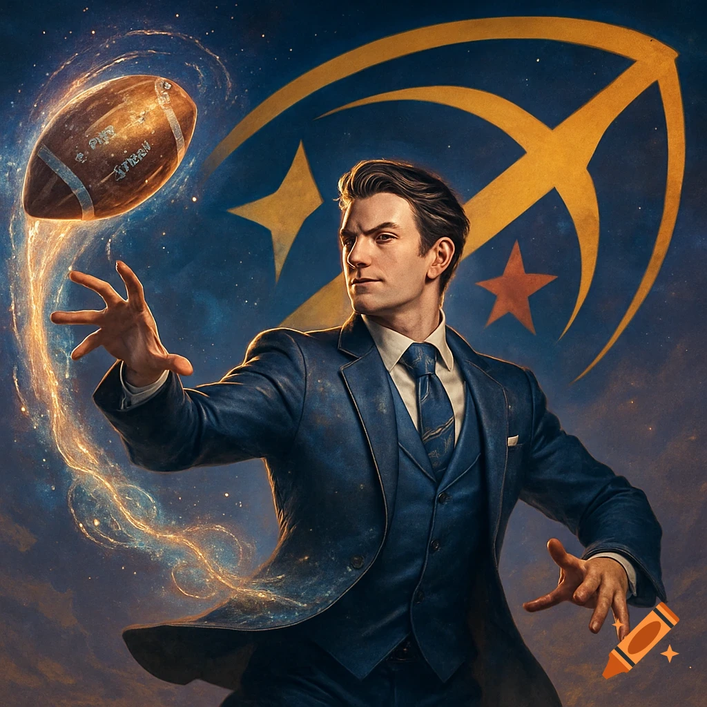 A man in a blue suit with an intense expression uses magic to float an American football against a cosmic blue background with a golden logo, digital art.