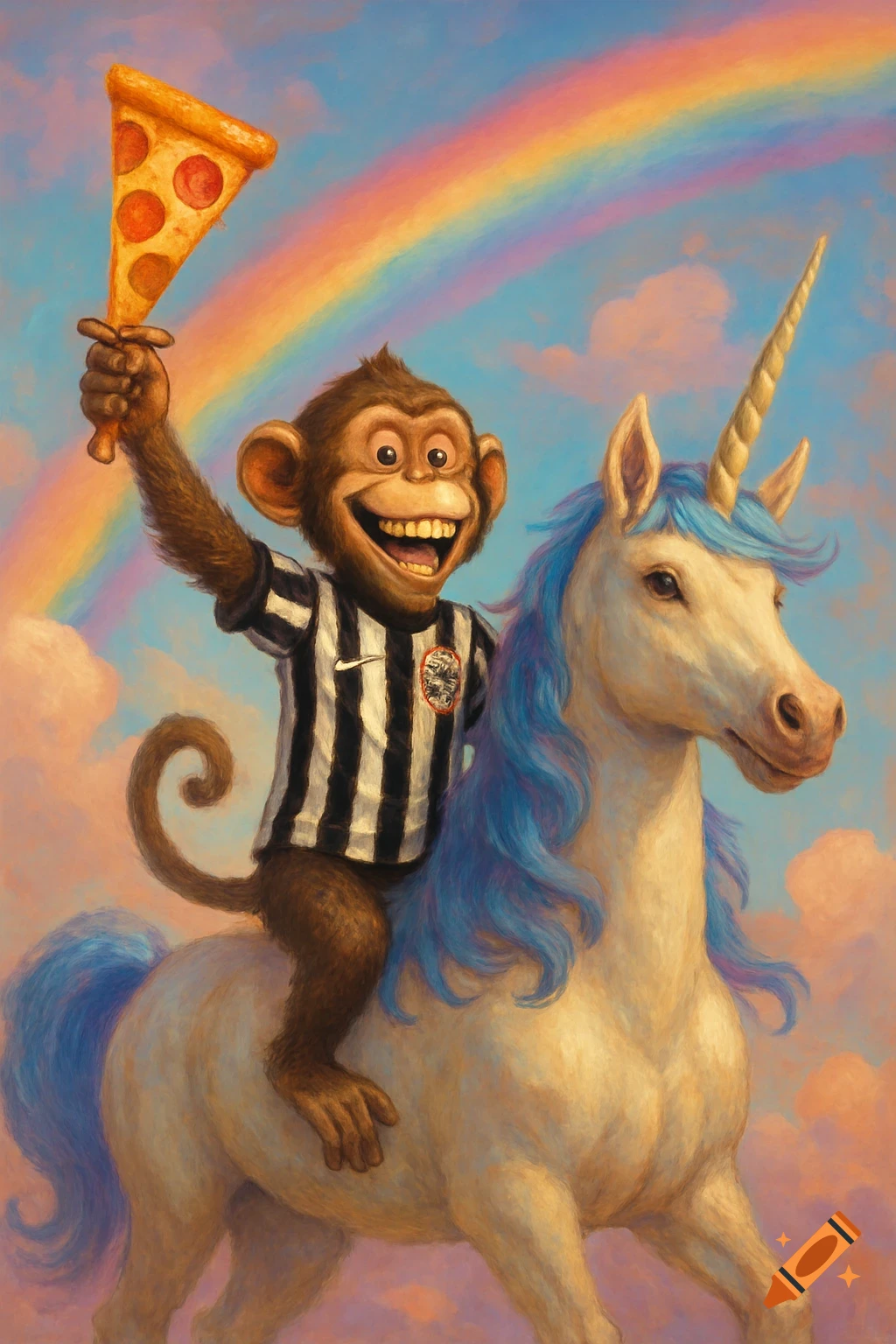 A grinning monkey in a striped soccer jersey rides a majestic white unicorn under a rainbow sky, holding up a slice of pepperoni pizza.