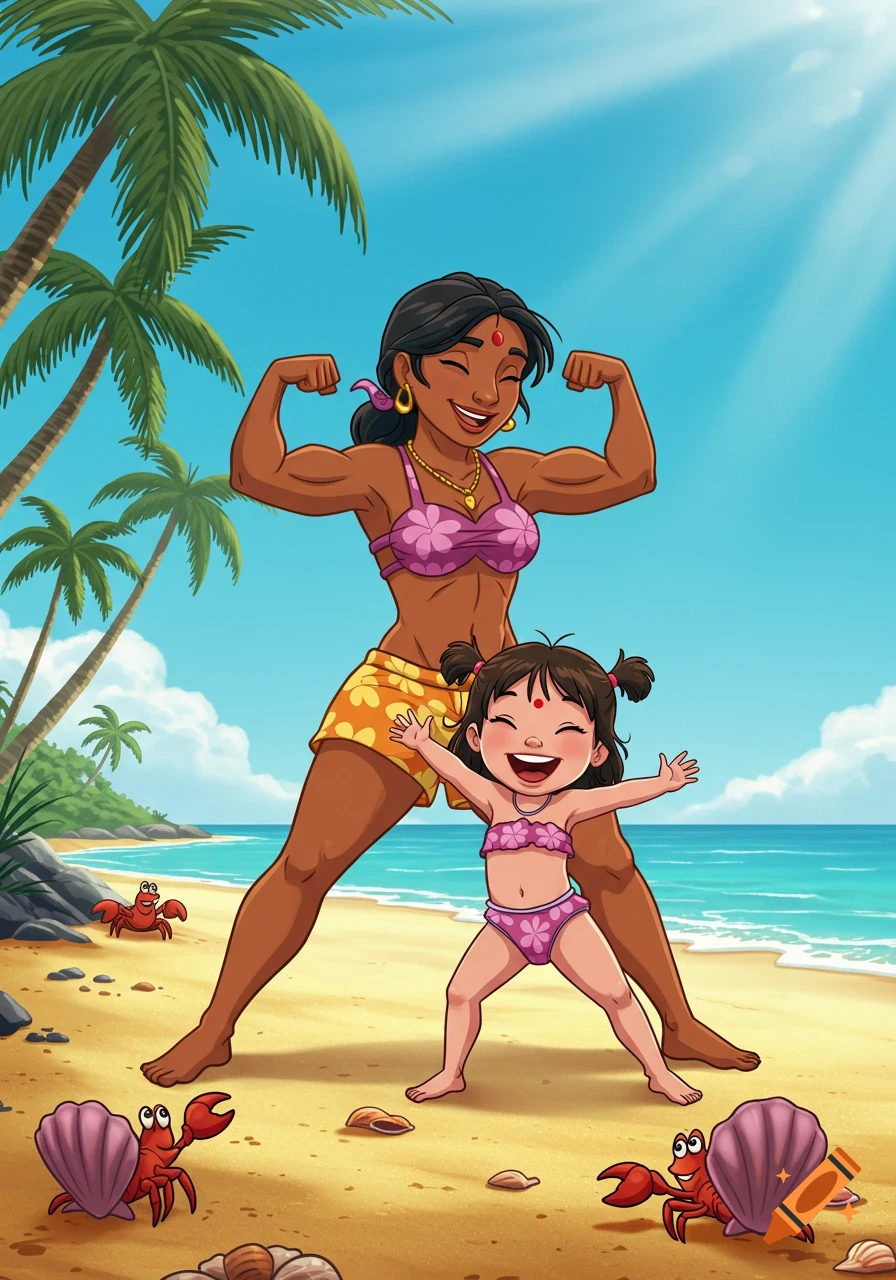 Cartoon mother flexing muscles next to her daughter on a sunny tropical beach with palm trees and crabs.