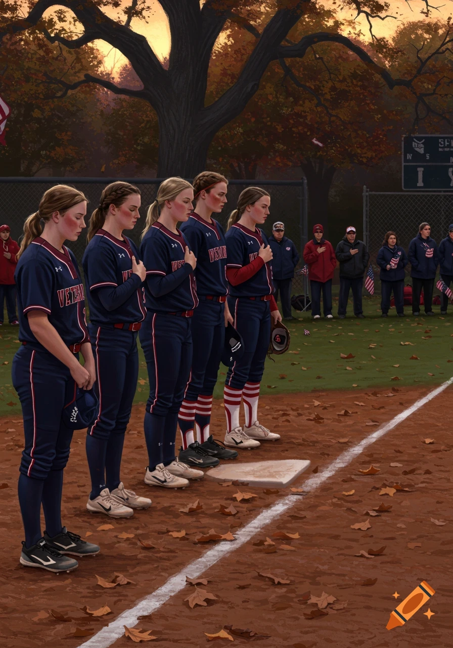A line of female softball players in uniform stand with hands over their hearts on a dirt field with autumn leaves, during sunset.