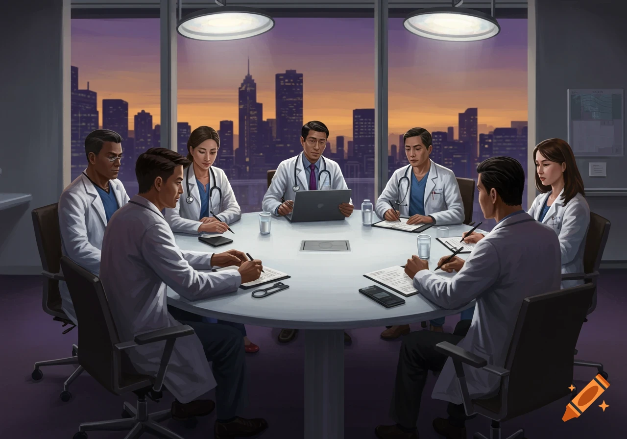 Illustrative image of six doctors in lab coats meeting around a table in an office, with a city skyline at sunset.