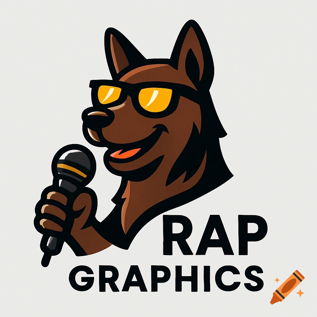 Cartoon logo of a cool brown dog with sunglasses holding a microphone, with text 'RAP GRAPHICS'.