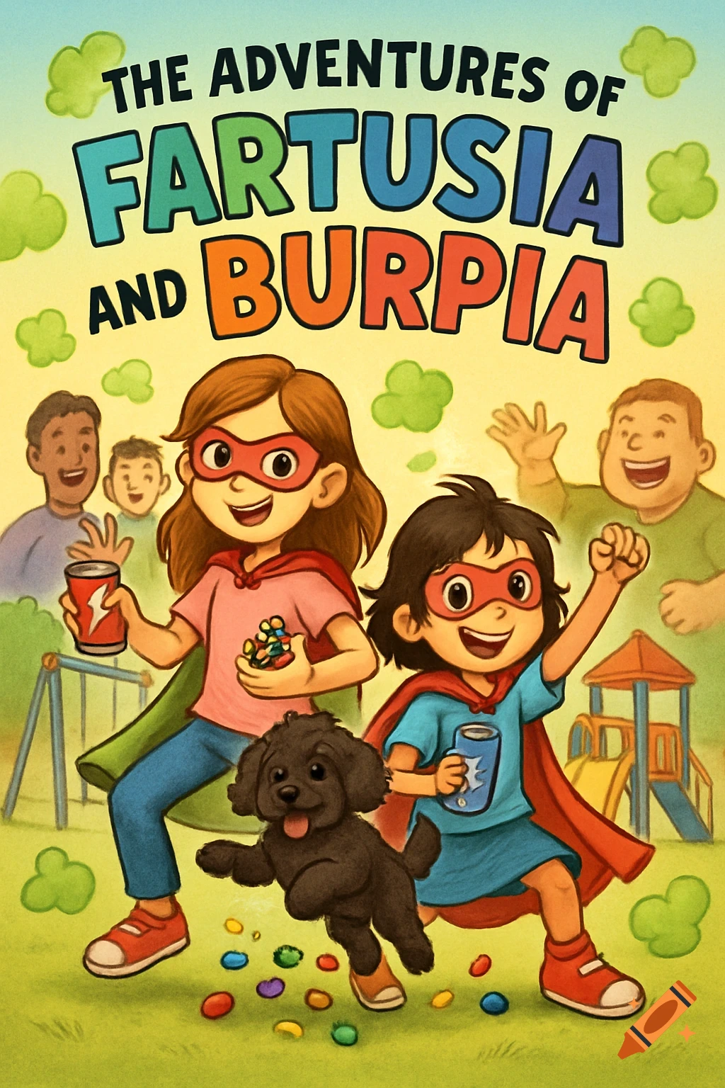 Vibrant cartoon illustration of two superhero girls, a dog, and adults in a playground, titled "The Adventures of Fartusia and Burpia".