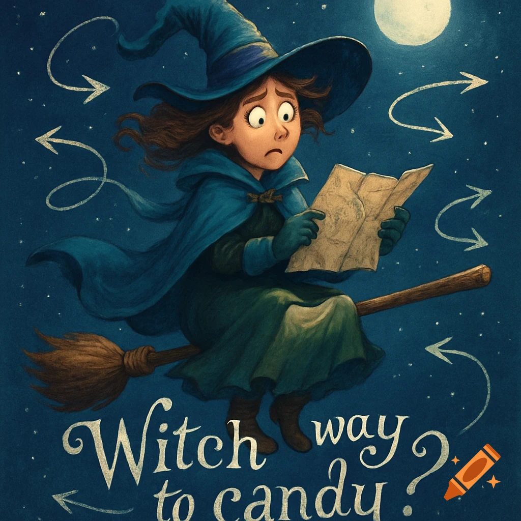A confused cartoon witch in a blue hat and cloak flies on a broom at night, reading a map with arrows, and the text 'Witch way to candy?'