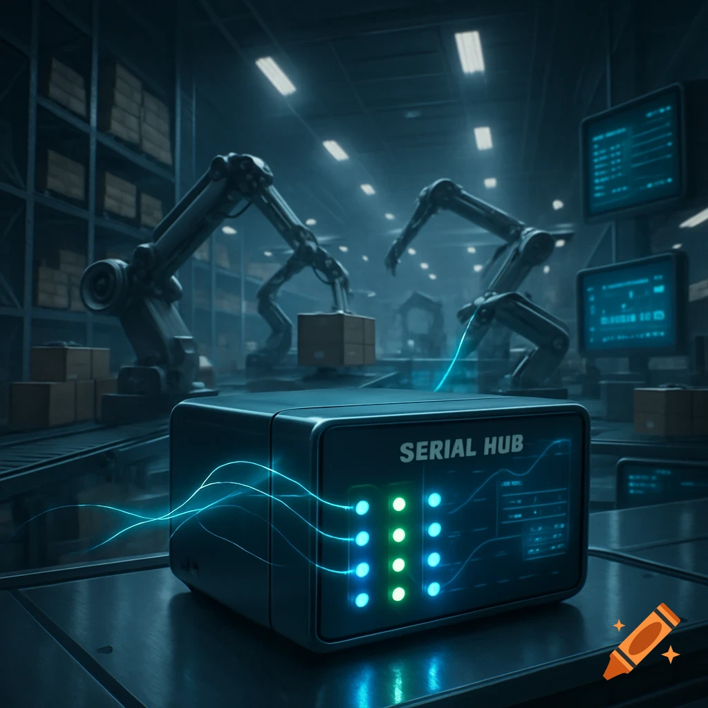 A futuristic 'SERIAL HUB' with glowing lights and blue energy, in a dark automated warehouse with robotic arms moving boxes.