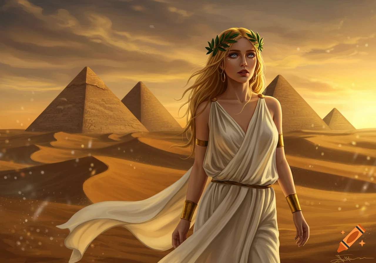 A blonde woman in a white dress and laurel wreath walks through a desert with pyramids at sunset, digital painting.
