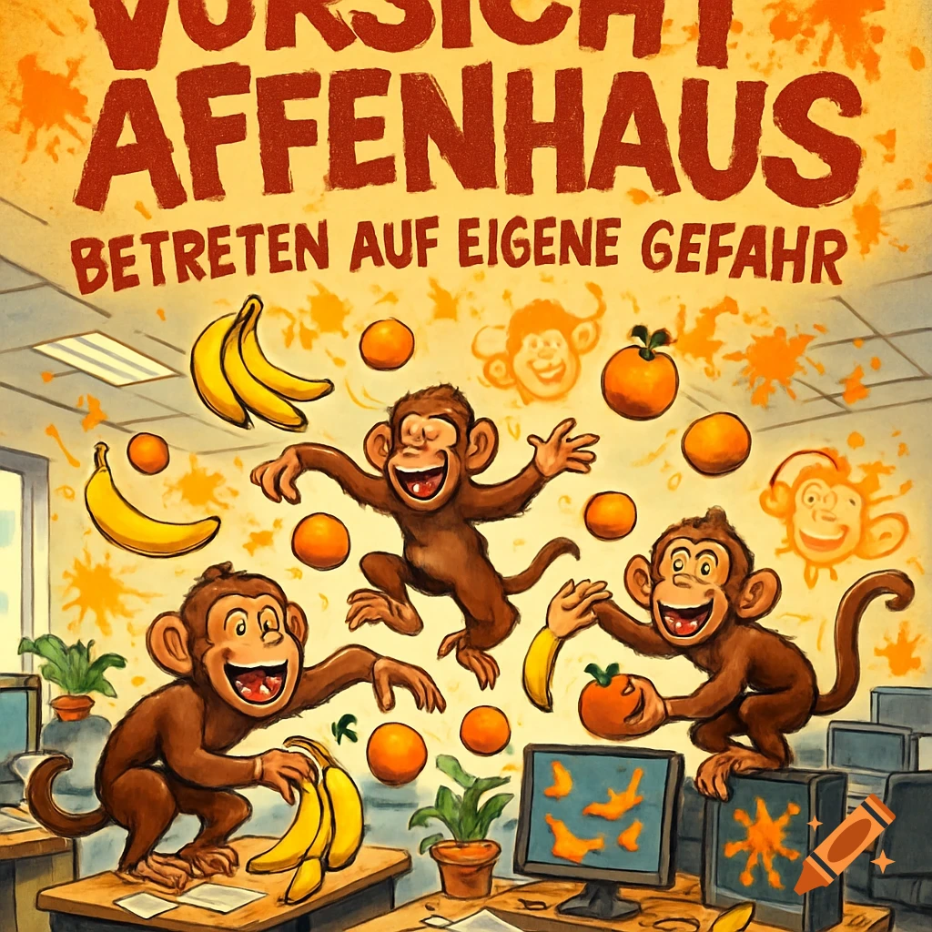 Cartoon illustration of three monkeys causing chaos in an office, throwing bananas and oranges, with orange splatters on the walls. A sign reads "VORSICHT AFFENHAUS. BETRETEN AUF EIGENE GEFAHR."