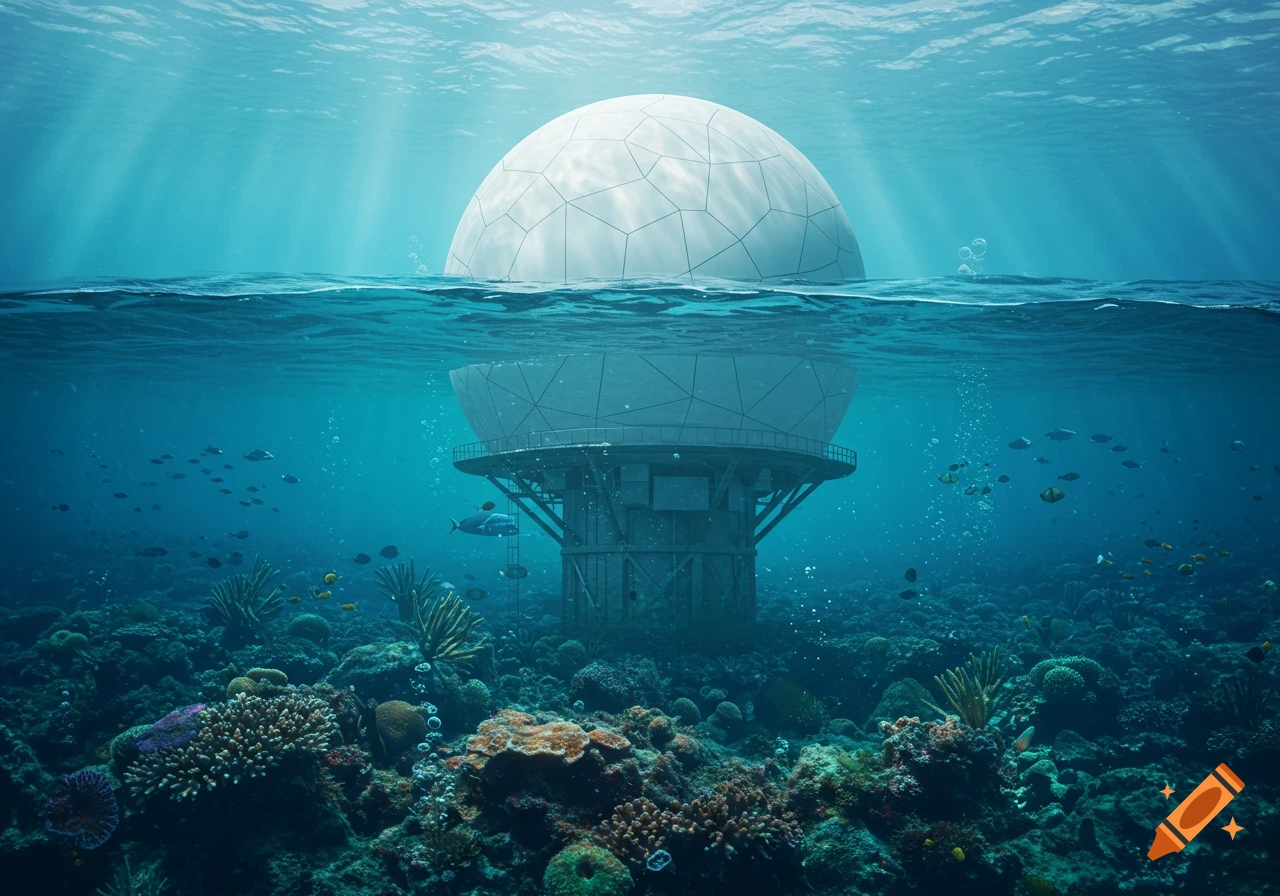 A large white geodesic dome radar station is half submerged in clear blue ocean water, surrounded by colorful coral and swimming fish.