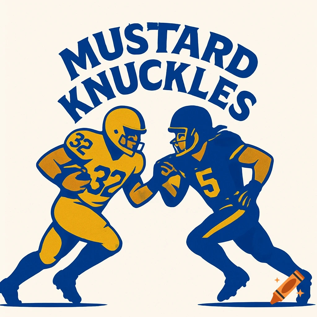 Stylized illustration of two football players in blue and gold uniforms under the team name 'MUSTARD KNUCKLES'.