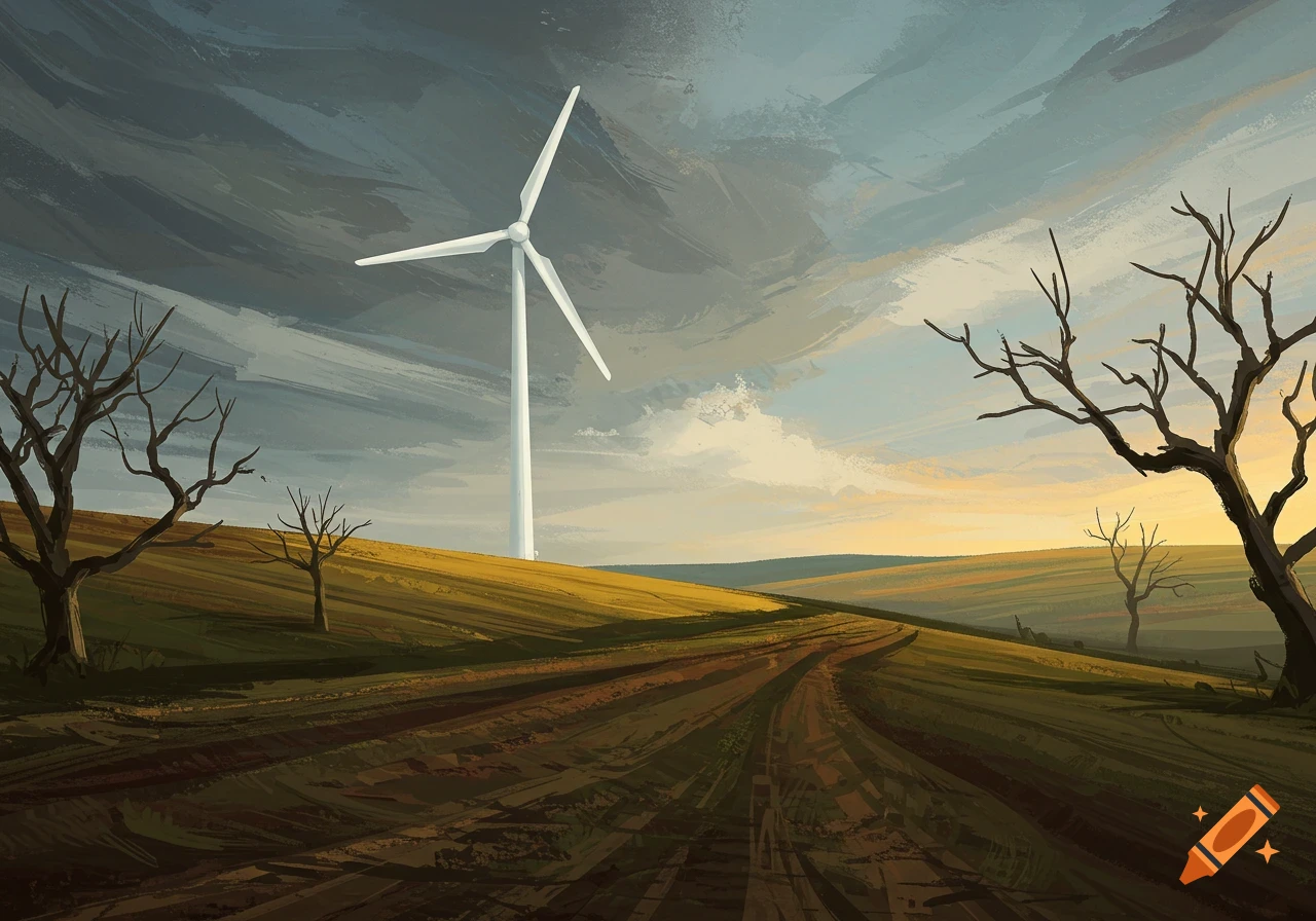 Expressionist landscape with a white wind turbine on a golden hill under a dramatic sky, flanked by bare trees and a dirt path.