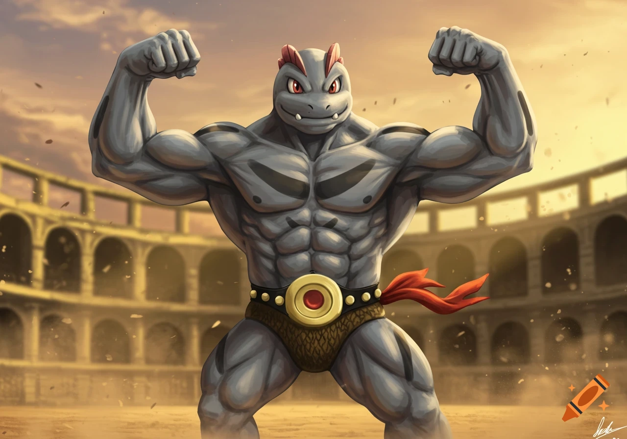 Muscular Machoke flexing its biceps in a Roman coliseum arena, digital art style.