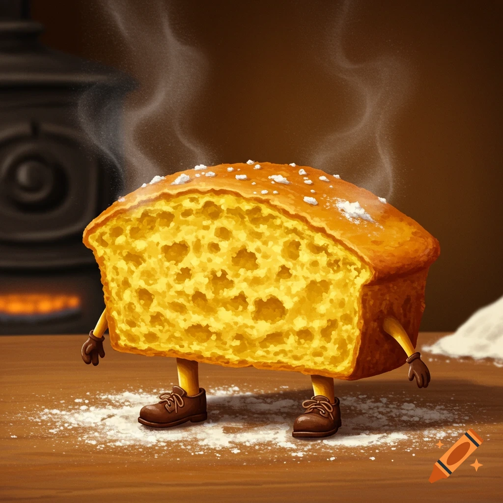 A whimsical, steaming cornbread loaf with legs and brown shoes stands on a flour-dusted wooden table.