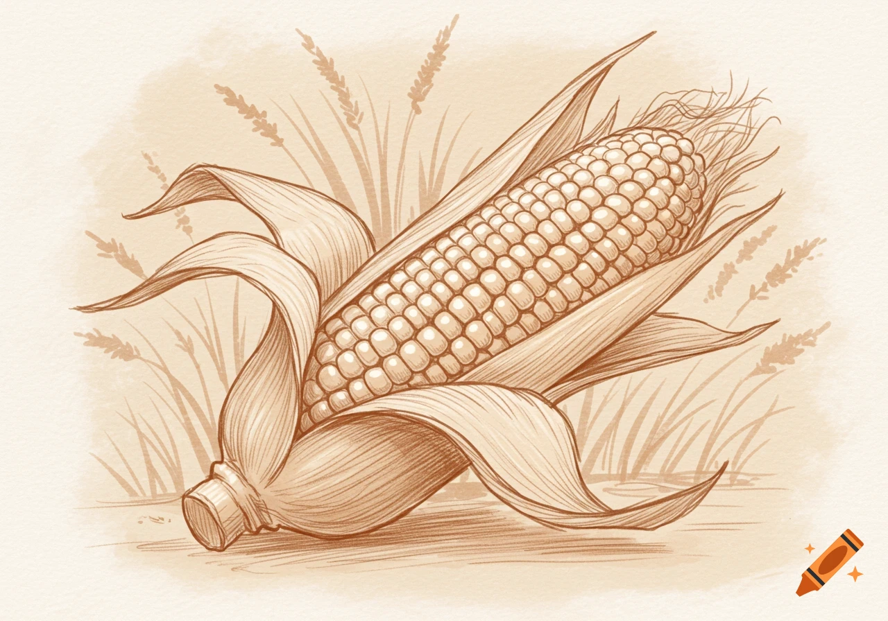 Sepia-toned sketch of an ear of corn with its husk peeled back, surrounded by faint wheat stalks.