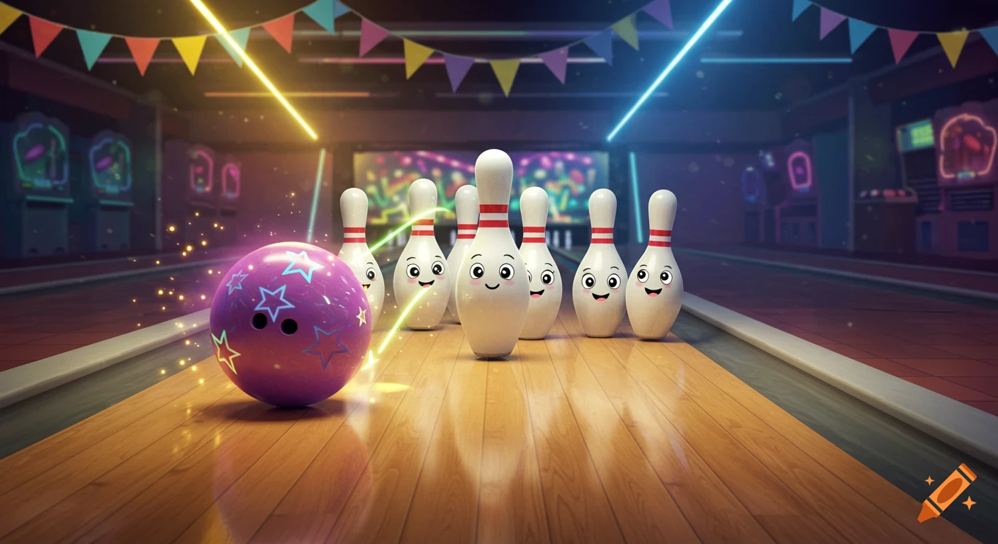 A vibrant, cartoon-style bowling alley with a purple, star-patterned bowling ball rolling towards 7 happy-faced pins.