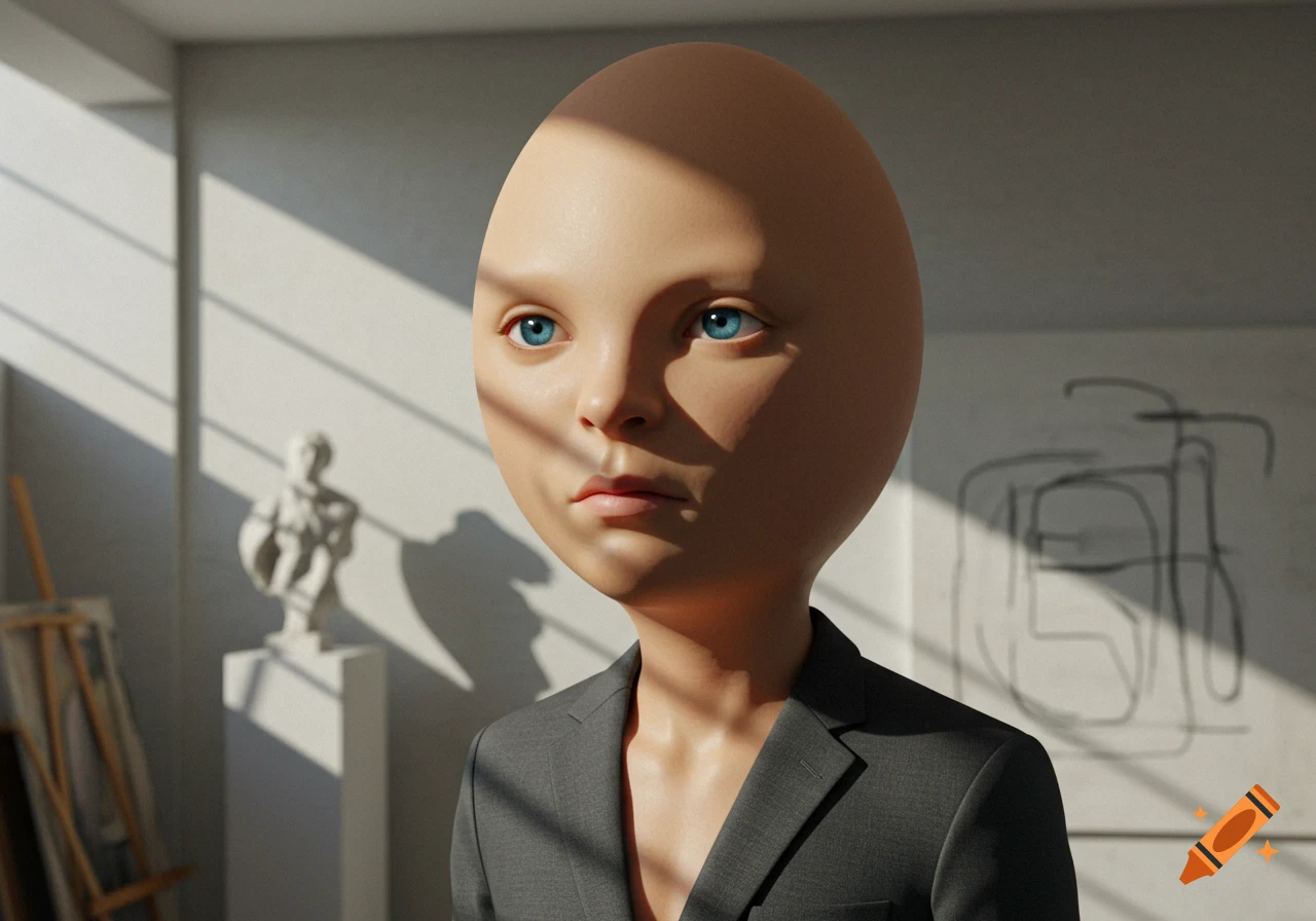 A photorealistic portrait of a person with an egg-shaped head, wearing a suit, in an art studio with soft lighting.