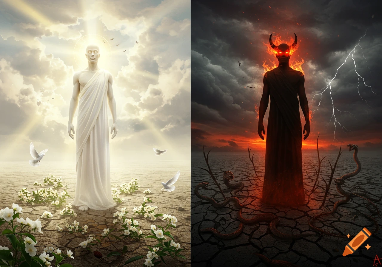A split image contrasting good and evil: an angelic figure in white light with doves on the left; a fiery demonic figure with horns and snakes on the right, both in a cracked desert.