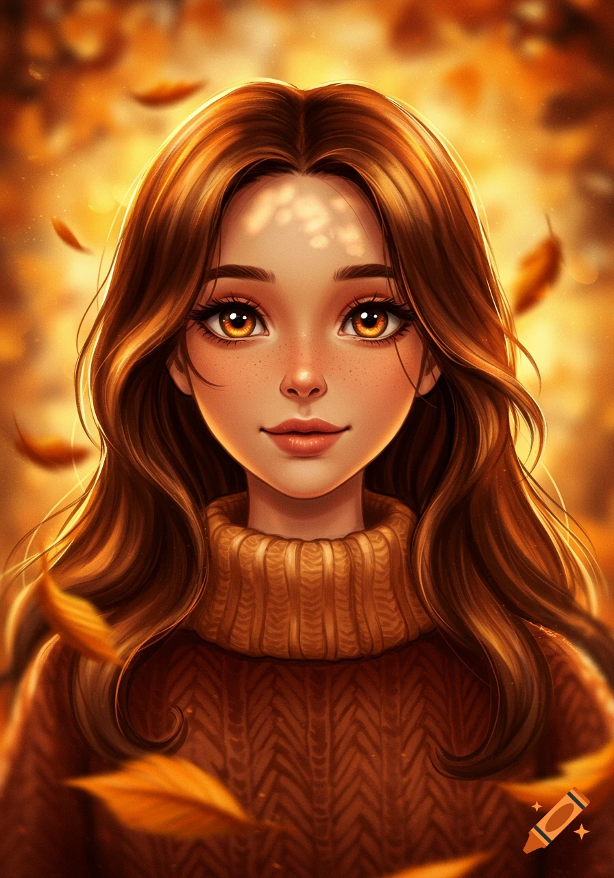 Stylized portrait of a young girl with long brown hair, freckles, and a cozy sweater, surrounded by glowing autumn leaves.