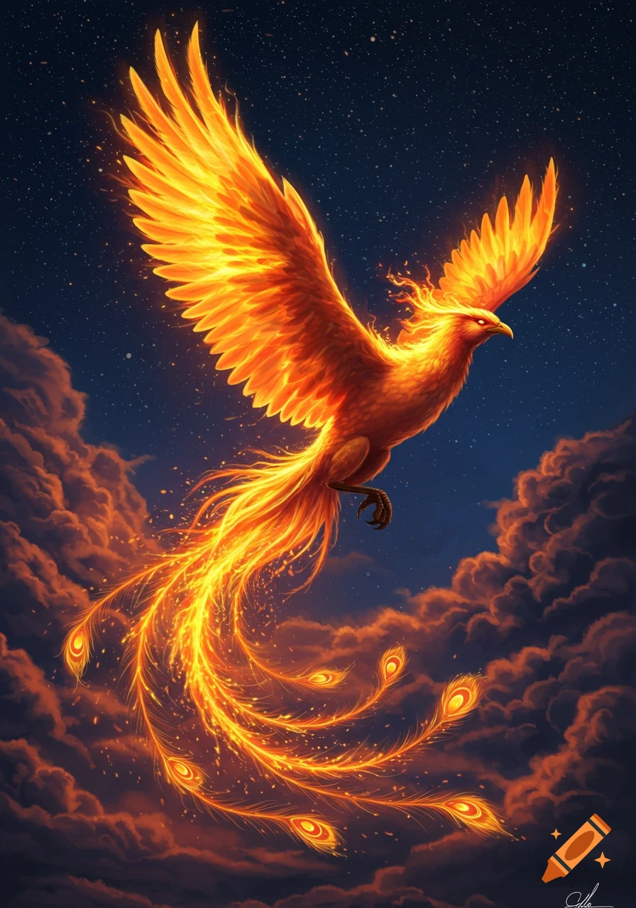 A majestic, fiery phoenix with golden wings and tail feathers flying through a dark, starry night sky with glowing orange clouds.