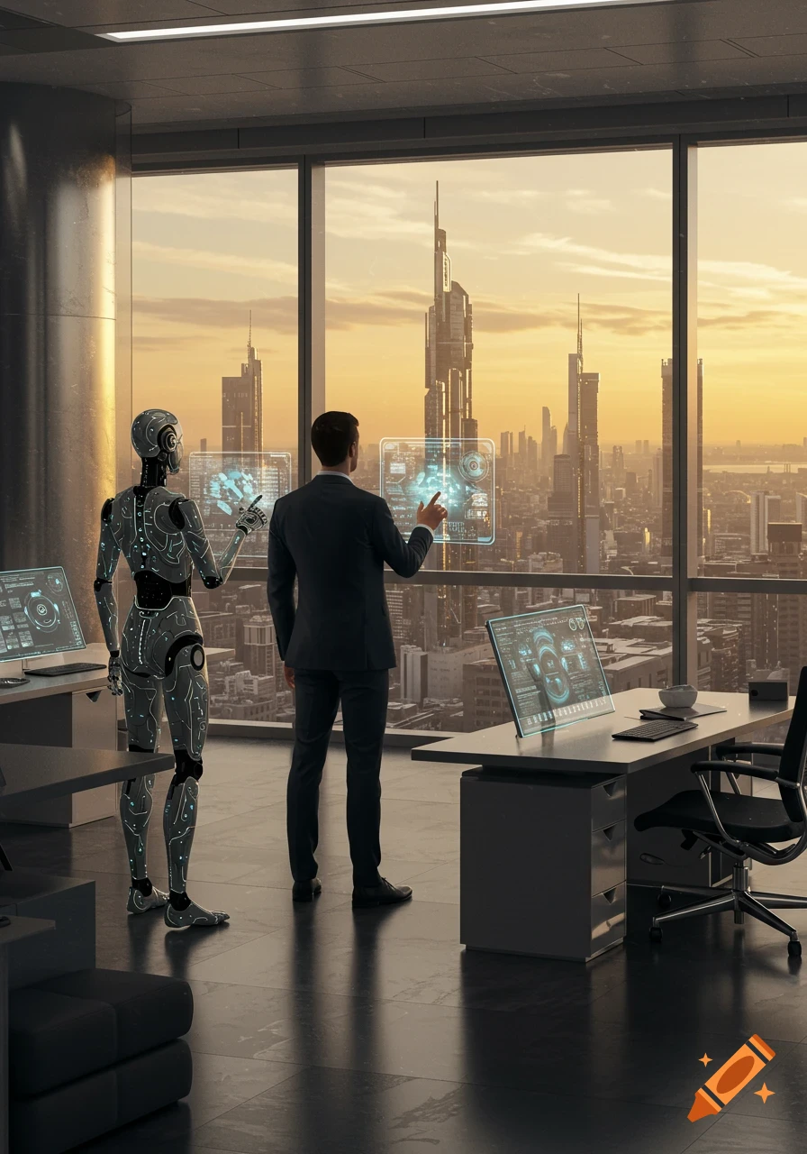 A man and a robot interact with holographic screens in a high-rise futuristic office overlooking a cityscape at sunset, digital art.