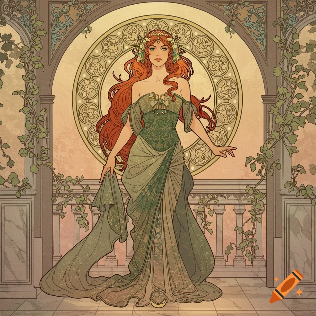 Art Nouveau illustration of a red-haired woman in a green dress, standing in an arched structure with vines and a circular patterned window.