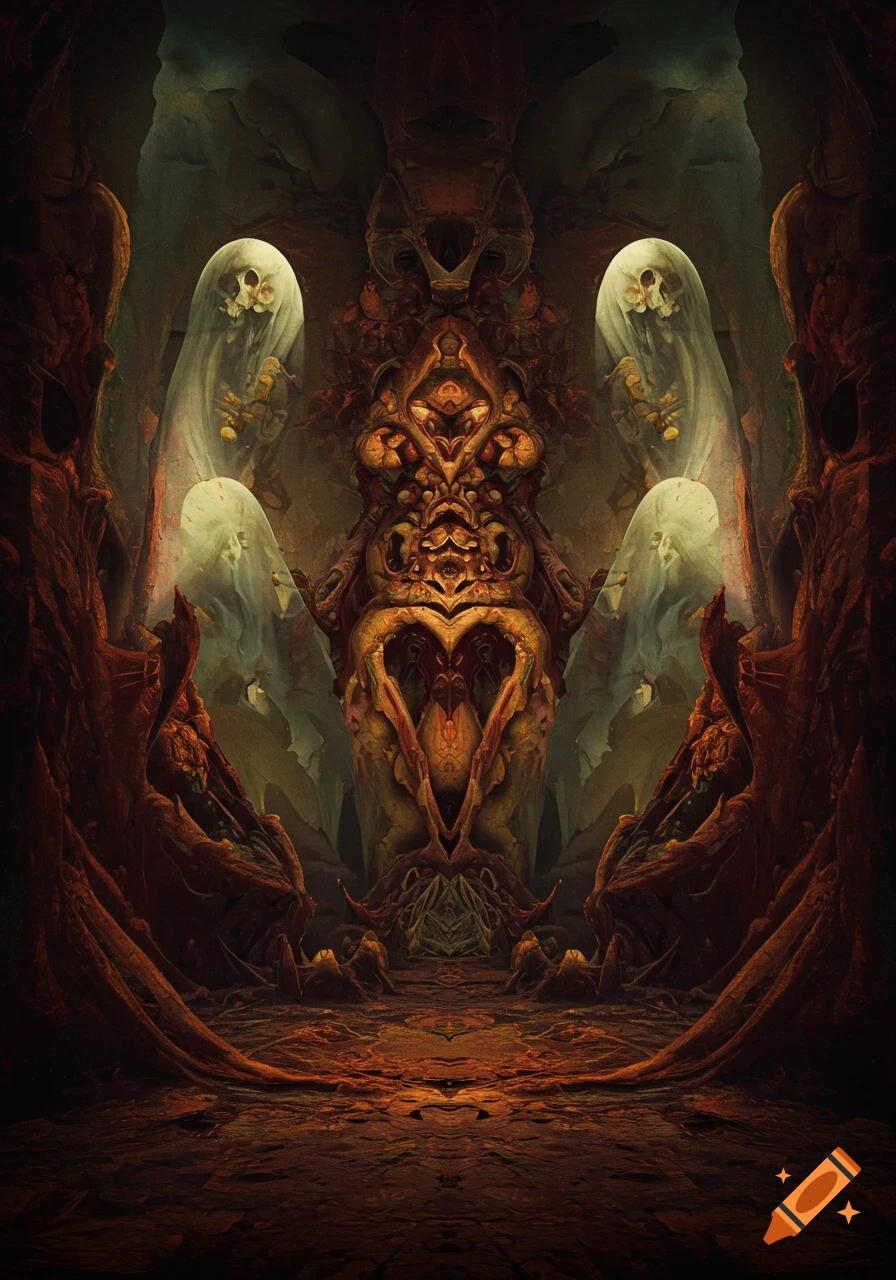 A dark, symmetrical surreal artwork featuring skeletal figures in shrouds flanking a grotesque, heart-like organic structure in a cavernous space.