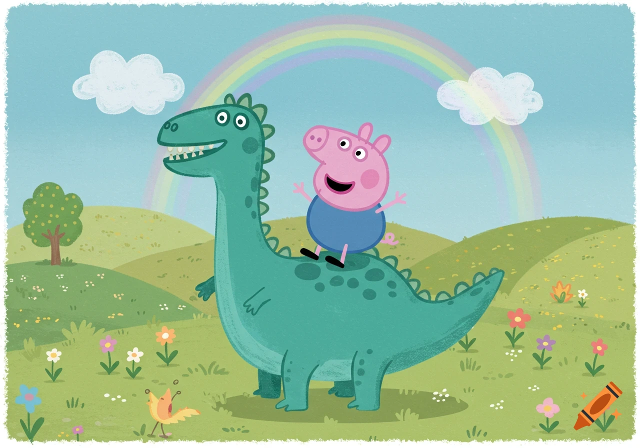 Cartoon illustration of George Pig riding a large green dinosaur on a grassy hill with a rainbow.