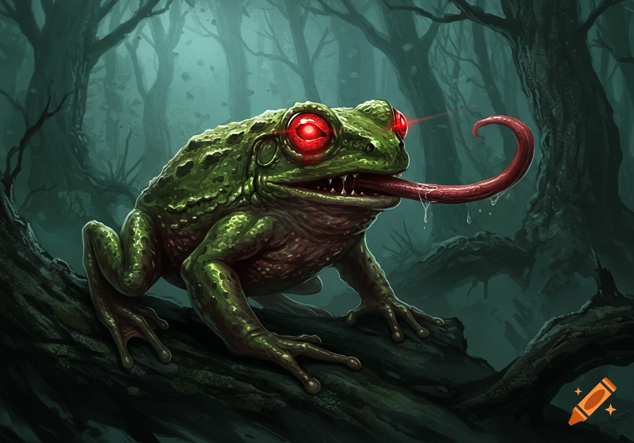 A grotesque green frog with glowing red eyes and a long, drooling red tongue sits on a log in a dark, misty forest. Digital painting.