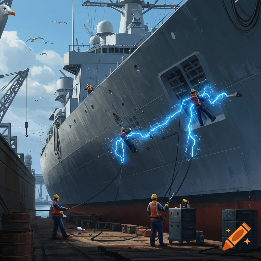 Workers in yellow hard hats and orange vests perform maintenance on a large grey warship in a dry dock, with blue electricity arcing between two suspended workers.