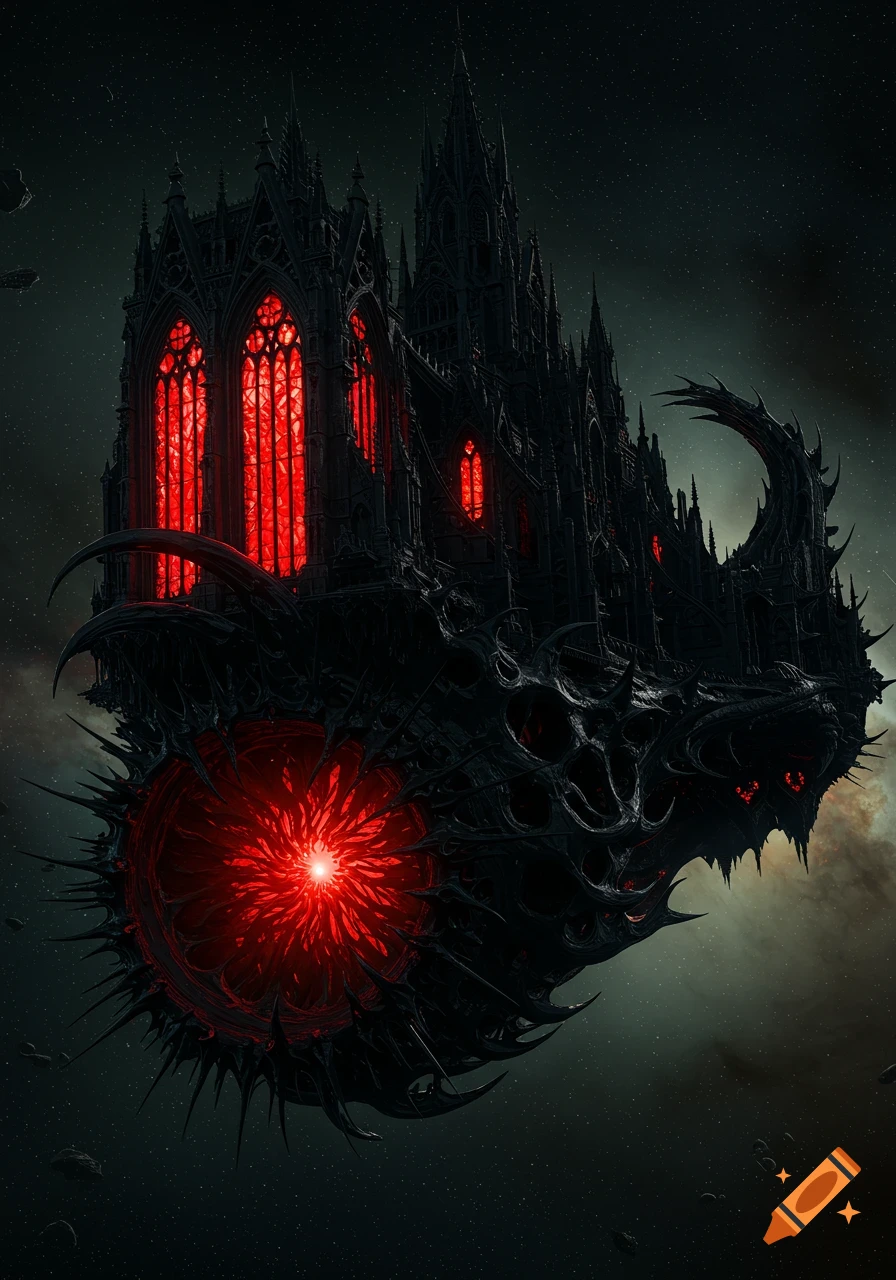 A dark, bio-organic gothic cathedral-like spaceship with glowing red windows and a central red orb floats in space.
