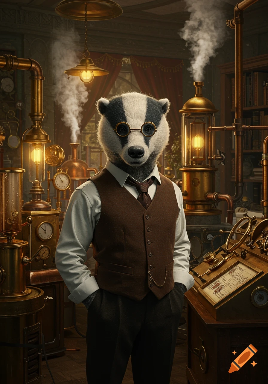 A distinguished steampunk badger wearing spectacles, a waistcoat, and a tie stands in a brass-filled inventor's workshop.