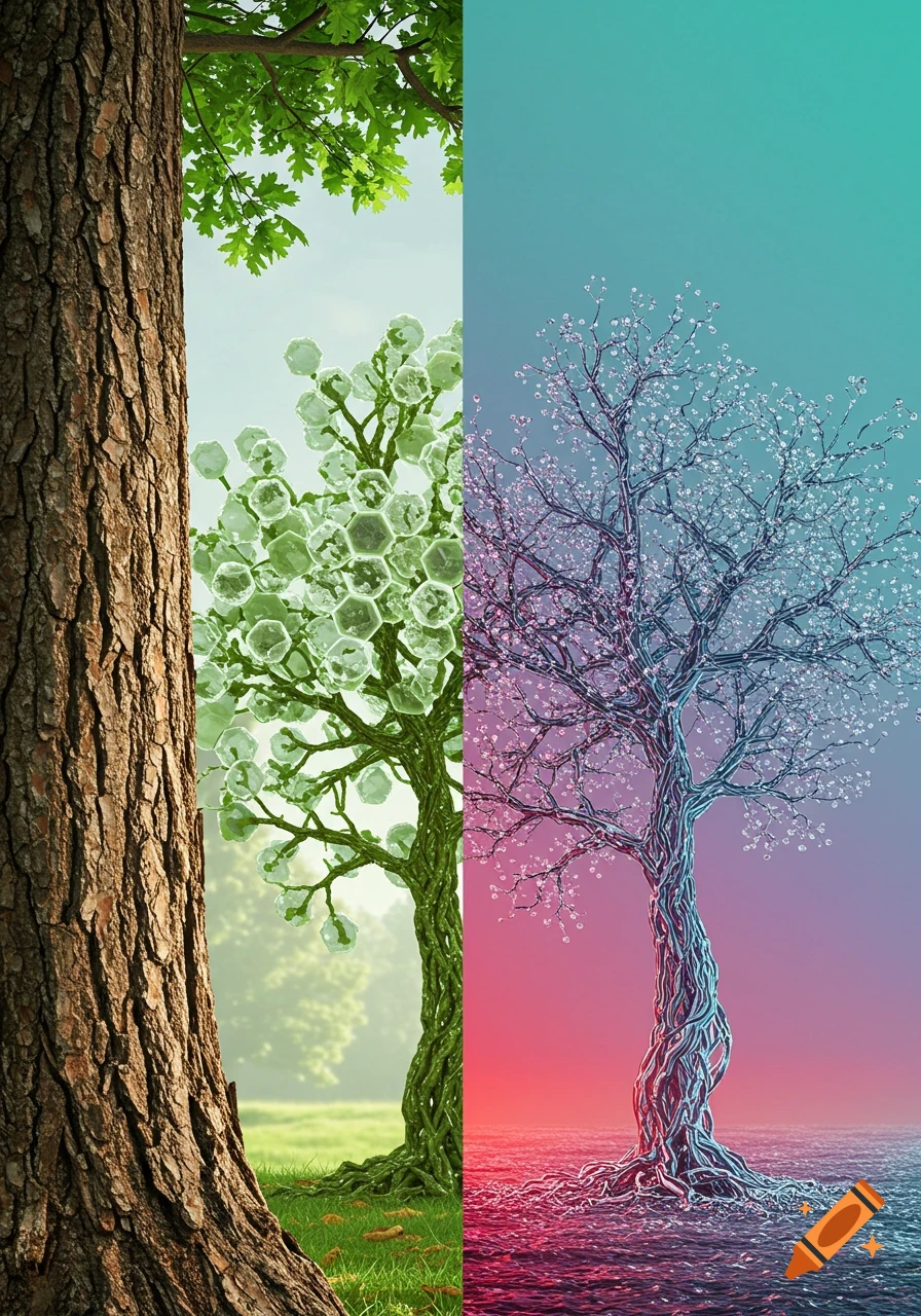 Vertical triptych of trees: realistic bark, green cellular tree, and abstract crystalline tree with glowing branches over a gradient background.