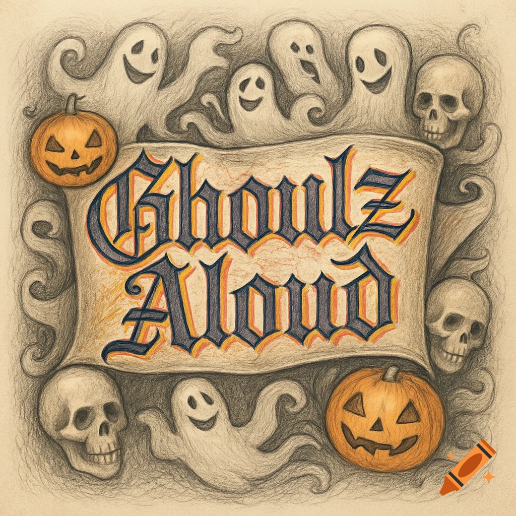 Detailed pencil and ink sketch of a Halloween banner, featuring 'Ghoulz Aloud' in gothic text, surrounded by playful ghosts, jack-o'-lanterns, and skulls.