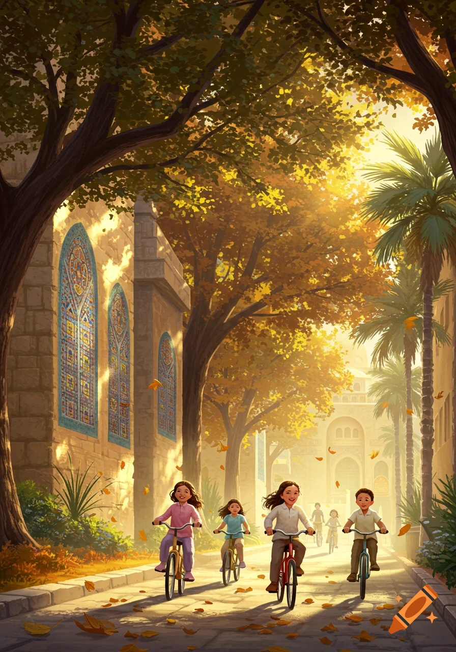 Illustrated scene of children riding bicycles on a sunny, tree-lined street with Middle Eastern architecture and falling leaves.