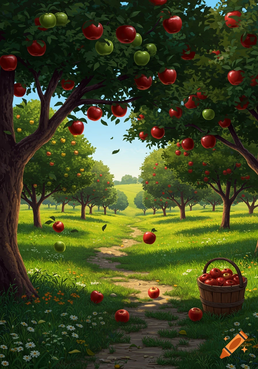 A vibrant cartoon apple orchard with red and green apples on trees, a winding path, and a basket of apples.