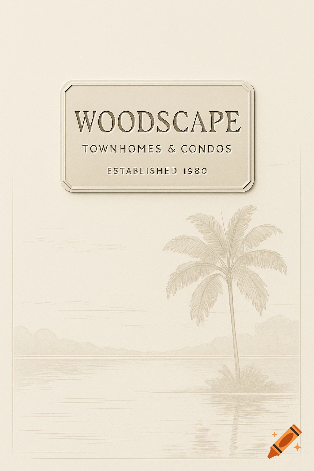 A minimalist beige wall plaque reads 'WOODSCAPE TOWNHOMES & CONDOS ESTABLISHED 1980' above a line drawing of a tropical lake and palm tree.