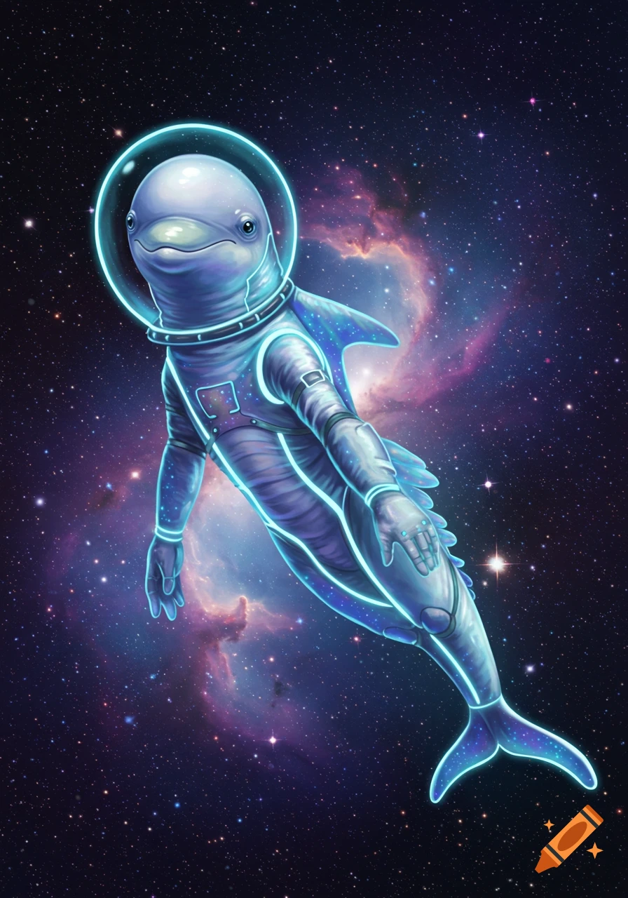 An illustrated dolphin-like creature in a glowing space suit floats through a dark, starry galaxy with colorful nebulae.