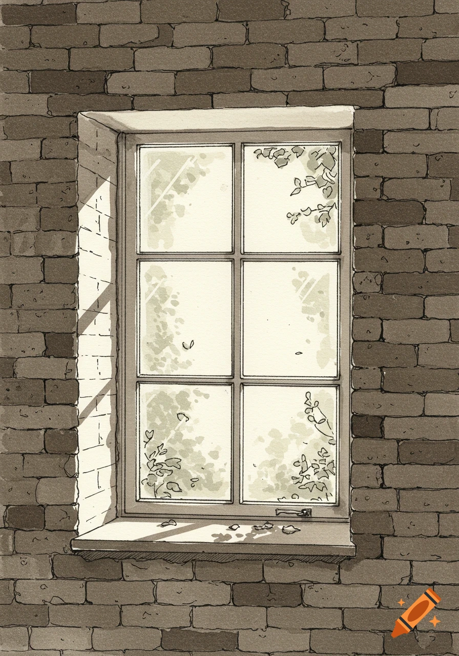 Pen-and-ink drawing of a multi-paned window in a brick wall, with sunlight casting shadows and foliage visible outside.