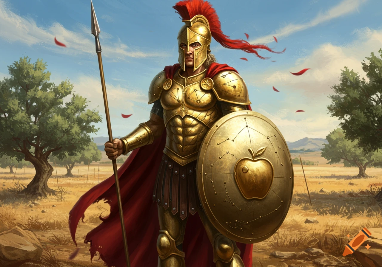 A Spartan warrior in golden armor holding a spear and a shield with an apple emblem in an arid landscape with olive trees.