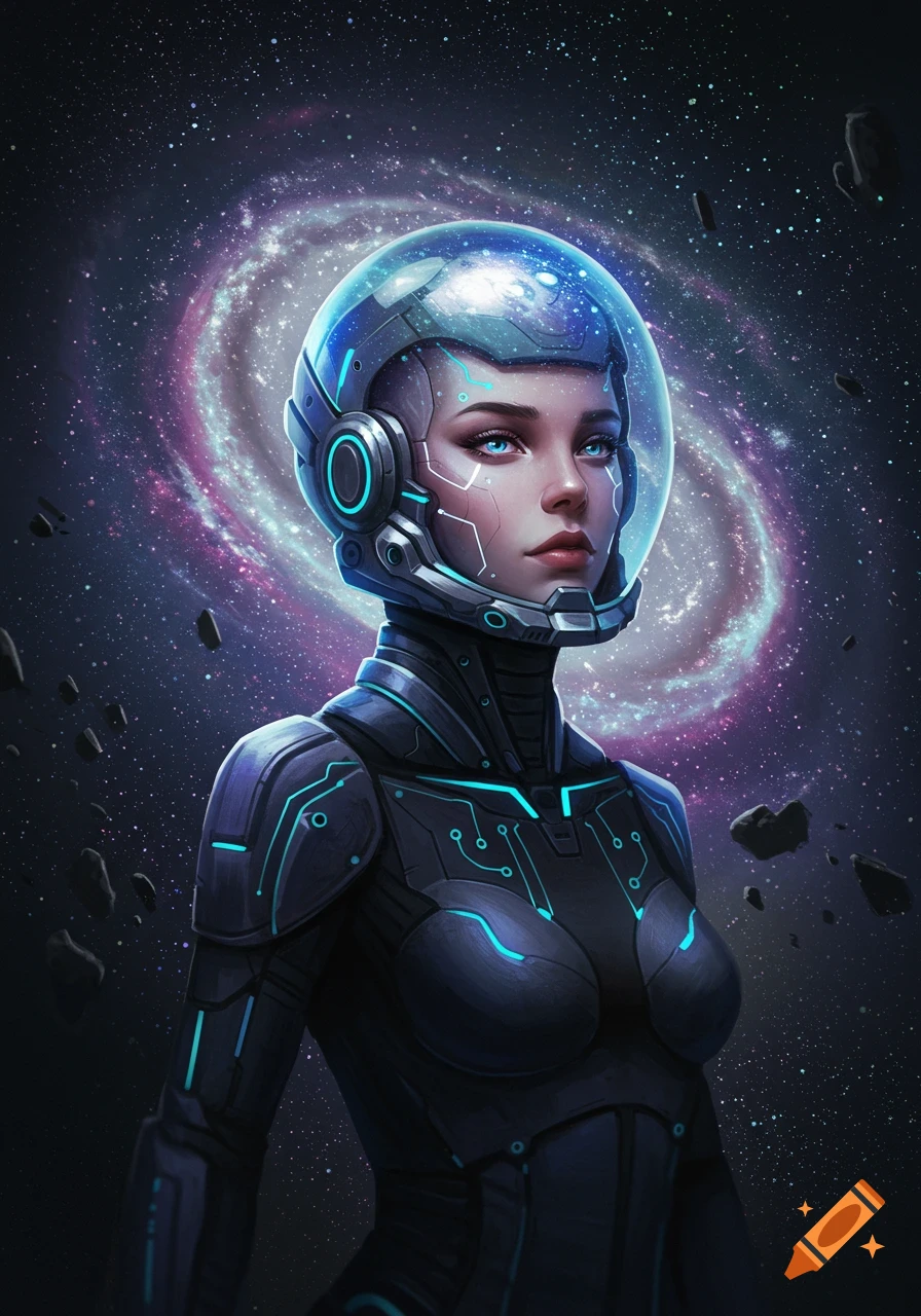 Digital art of a futuristic woman in a helmet and dark suit, against a backdrop of a swirling galaxy in space.